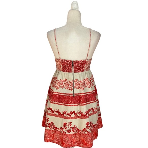 Alice + Olivia Linen Melvina Mini Dress Tie Front Block Print Red Antique White - Picture 10 of 16